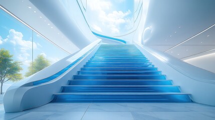 Fototapeta premium Modern staircase with a flowing blue design and bright sky view.