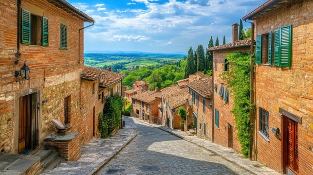 Fototapeta Scenic Tuscan Village with Cobblestone Streets and Hills