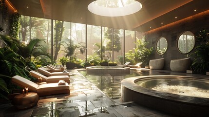 Fototapeta premium Invite viewers indulge in relaxation with an image of a luxurious spa retreat featuring serene landscapes and pampering treatments