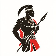 Strong Warrior Silhouette with Spear and Traditional Attire