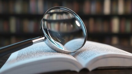 Magnifying Glass on Open Book with Blurred Bookshelf Background   Research  Knowledge  Edu