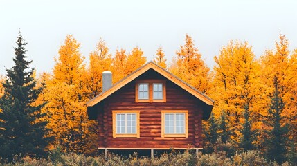 Rustic wooden cabin nestled in a serene autumn landscape surrounded by vibrant orange and yellow leaves on the trees  Peaceful and tranquil natural scenery with a scenic mountain backdrop
