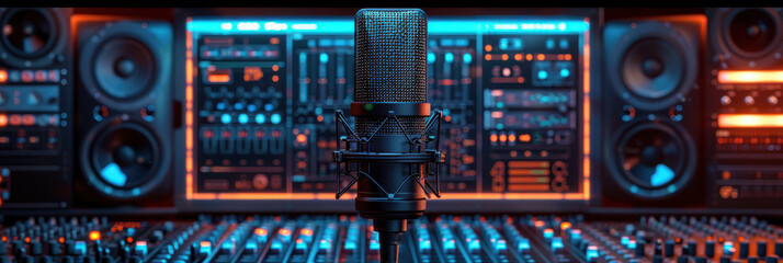 Fototapeta premium Professional microphone surrounded by sound editing software and audio equipment, creating vibrant atmosphere for music production and recording