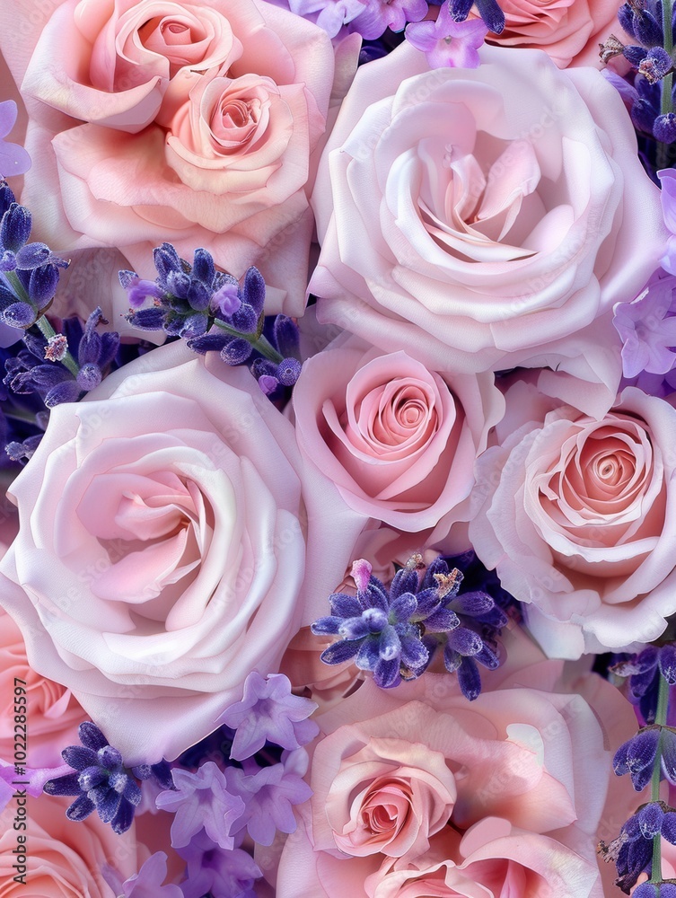 Poster delicate pink roses mingle with fragrant lavender, forming a stunning and harmonious floral pattern 