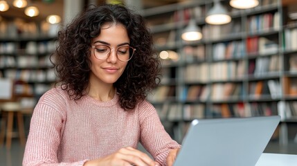 Woman working on laptop in modern library with bookshelves