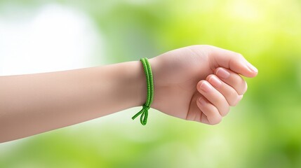 A close-up of a green mental health awareness bracelet being worn by a young person, symbolizing personal connection to the cause.