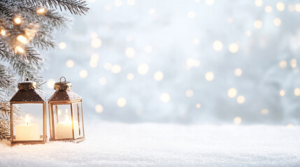 A serene winter scene featuring two lanterns glowing softly in snow, surrounded by frosty landscape and twinkling lights. This image captures warmth and magic of holiday season