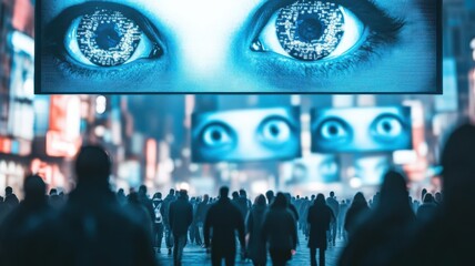 Fototapeta premium A bustling urban scene featuring large digital screens with striking eye visuals, illustrating the blend of technology and humanity.