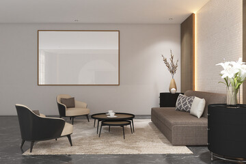 3d render of minimal design interior of living room with wall mockup stripes wood panel and mosaic tile, gray marble floor and white ceiling. Set 9