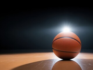 Obraz premium A close-up of a basketball on a wooden court, illuminated by a spotlight against a dark backdrop. Perfect for sports themes.