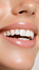 Fototapeta premium A close up of smiling woman showcasing her healthy, white teeth and smooth skin. image captures joy and confidence reflected in her radiant smile
