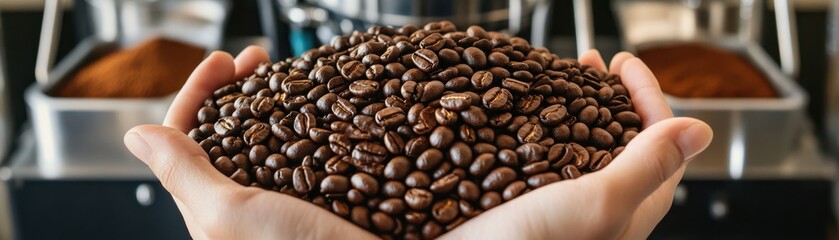 Fototapeta premium A close-up of hands holding fresh coffee beans, showcasing their rich color and texture, perfect for coffee lovers and enthusiasts.