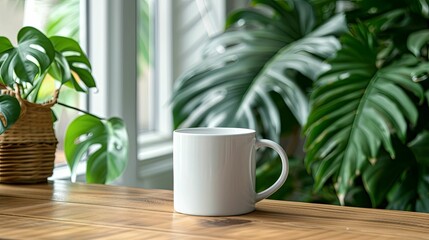 White Mug on Wooden Table with Tropical Plants and Window Background