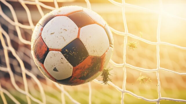 A close-up shot of a soccer ball hitting the net, capturing the thrilling moment of victory in a sunlit stadium.