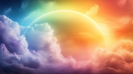 A rainbow background featuring soft clouds and vibrant colors in a circular formation, creating a magical and surreal design.
