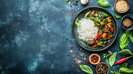 Colorful Vegetable Dish with Rice on Dark Background