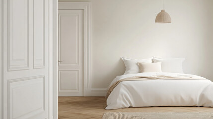 A serene bedroom featuring large white bed with plush pillows, soft beige accents, and minimalist design. warm wooden floor and subtle lighting create cozy atmosphere