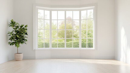 A bright and airy room featuring large bay window that offers stunning view of lush greenery outside. potted plant adds touch of nature to serene space, creating peaceful atmosphere