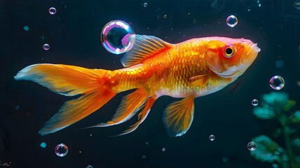 vibrant goldfish swimming in dark water, surrounded by iridescent bubbles, goldfish, aquarium, bubbles, underwater life, digital art, aquatic nature, aquatic pet, koi fish, underwater photography