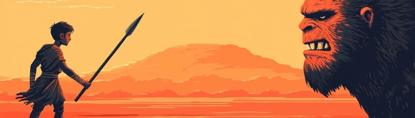 A dramatic scene depicting a confrontation between a warrior and a giant creature under a vibrant sunset.