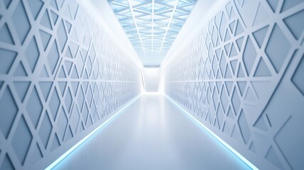 Obraz premium A futuristic corridor featuring sleek design, geometric patterns, and luminous lighting. Perfect for technology and sci-fi themes.
