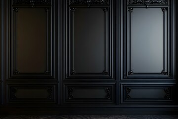 Wall Panels in Black Room Interior with Wood Background