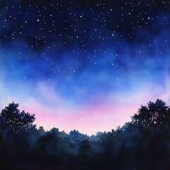 Naklejka premium Celestial Nightfall: Watercolor Painting of Starry Sky over Silhouetted Trees 