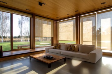 Fototapeta premium Inviting interior space featuring large roller blinds and wooden decor complemented by solar shades and electric curtains