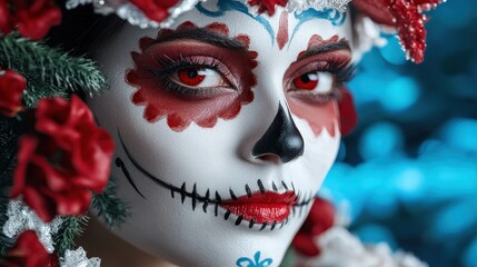 Day of the Dead Makeup  Calavera Skull Face Paint  Woman with Red Eyes  Halloween Costume