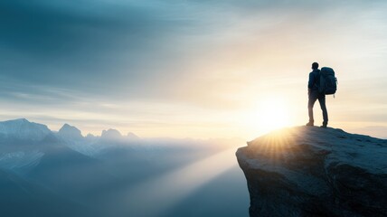 Obraz premium A lone hiker stands on a cliff at sunrise, surrounded by majestic mountains and expansive sky, symbolizing adventure and freedom.