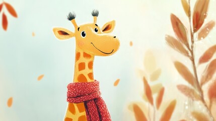Obraz premium Charming Illustration of a Cute Giraffe Wearing a Scarf, Perfect for Children's Book Illustrations, Evoking Warmth and Whimsy in a Playful Setting