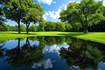 Fototapeta premium Realistic image of a quiet pond surrounded by trees with reflections in the water, symbolizing the mirror-like connection between nature and the human soul in transcendentalist thought