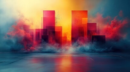 Abstract cityscape with vibrant colors and misty atmosphere.