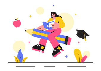 Education and Knowledge Books Vector Illustration featuring People Studying and School Items for Learning in a Flat Style Cartoon Background