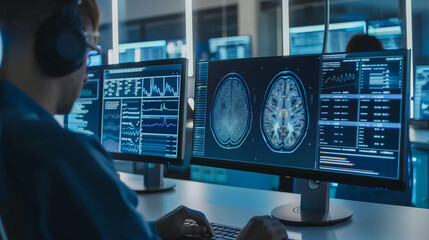 Close-up of scientist analyzing brain scan images on monitor, detailed neural pathways symbolize dementia research in medical lab setting
