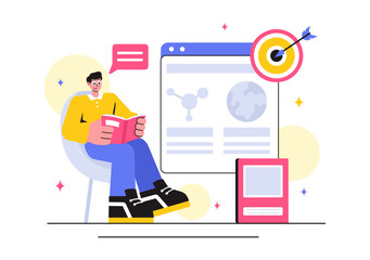 Education and Knowledge Books Vector Illustration featuring People Studying and School Items for Learning in a Flat Style Cartoon Background