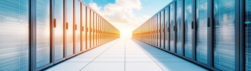 Obraz premium A modern data center with rows of servers illuminated by bright lights, symbolizing technology and connectivity.