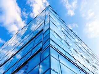 Obraz premium A modern glass building reaching towards the blue sky, reflecting light and clouds, showcasing contemporary architecture.