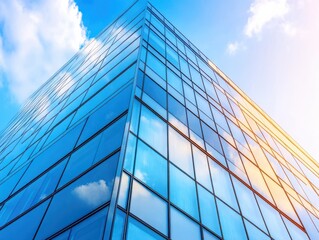 Obraz premium A modern glass building reflecting the sky, showcasing contemporary architecture and design under bright sunlight.