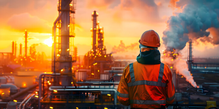 Trabajador de espaldas viendo una refineria trabajar imagen horizontal al atardecer