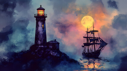 Naklejka premium Halloween Pirate Ship, Haunted lighthouse guiding a ghostly pirate ship eerie