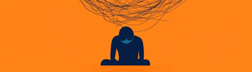 A person in a meditative pose, with abstract lines representing thoughts, set against an orange background, symbolizing reflection.