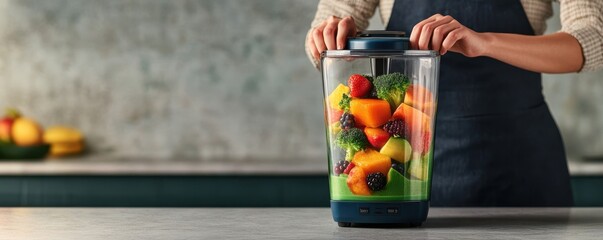 A person preparing a healthy smoothie with fresh fruits and vegetables in a modern blender on a kitchen counter.