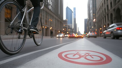 Bicyclist riding on urban street with bike lane and city buildings in background.