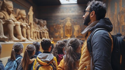 Group of students and their teacher on a field trip to a museum