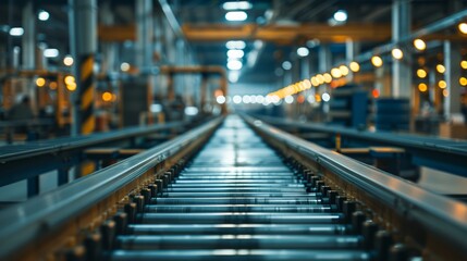 Fototapeta premium Close-up of heavy machinery with conveyor belts moving finished products in a modern industrial factory, highlighting technology