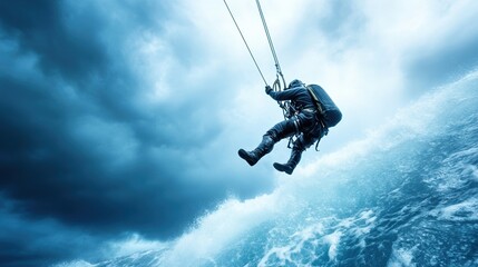 A person paragliding over tumultuous ocean waves under a dramatic sky.