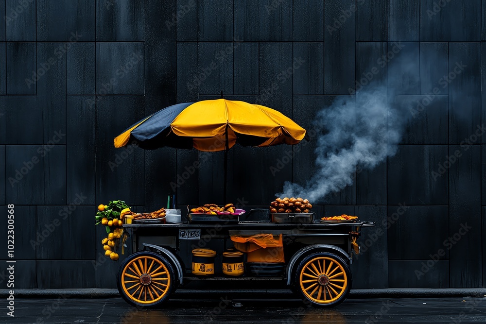 Poster simple minimalist abstract of a street vendor's cart, with soft lines representing the food and smok
