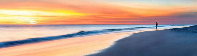 Fototapeta premium A serene beach at sunset, with gentle waves and vibrant colors reflecting on the sand, creating a peaceful atmosphere.