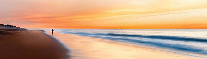 Fototapeta premium A serene beach scene at sunset, showcasing gentle waves and vibrant colors, perfect for relaxation and inspiration.